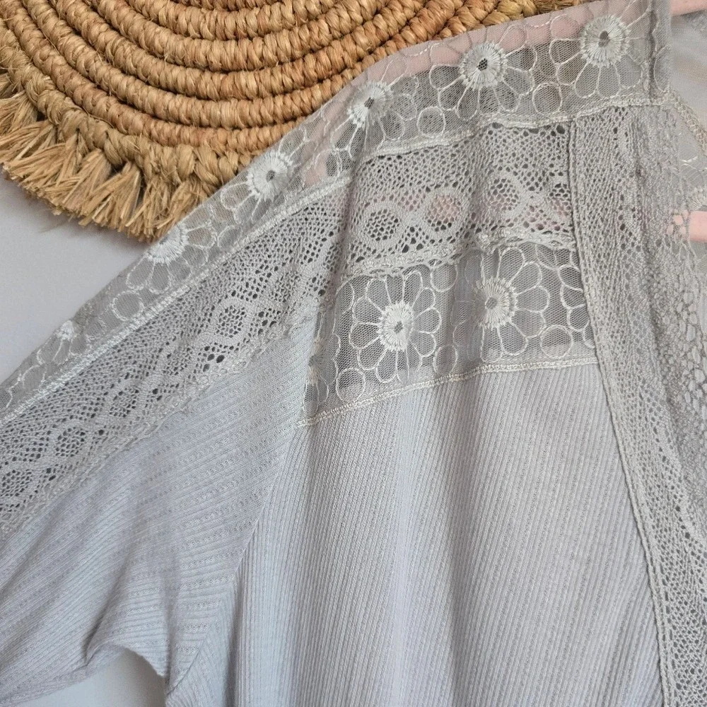 Free People NEW Lola Slate Lace Thermal Oversized Long Sleeve Top SZ Medium Boho